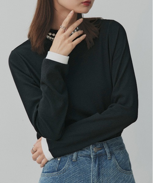 ad thie(アドティエ)の「配色アソートスリーブ ハイネックトップス(Tシャツ/カットソー・レディース・チャコールグレー/チャコールグレー×ブラック/ブラウン系1/ブラウン系2/グレー系1/グレー系2/ブラック系1/ブラック系2/カーキ系1/カーキ系2/ホワイト系1/ホワイト系2/ブラック系3/ブルー系1/ピンク系1/ピンク系2/ホワイト系3/ブルー系2・MEDIUM/LARGE/LL)」の6枚目の写真
