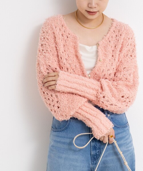 セール】《手洗い可能》カットフェザーヤーン透かし柄2WAYカーディガン