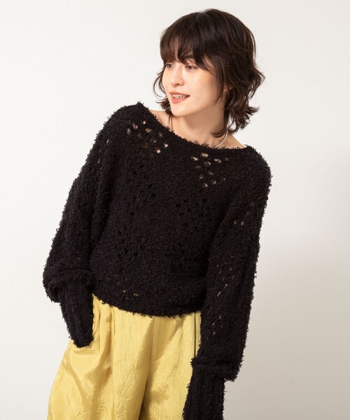 セール】《手洗い可能》カットフェザーヤーン透かし柄2WAYカーディガン