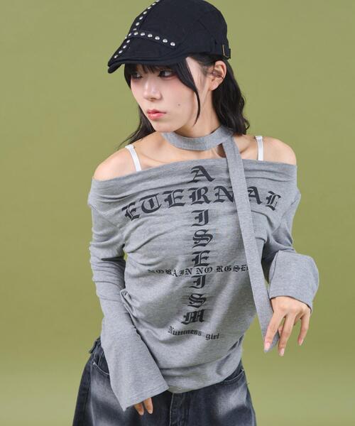 dispark(ディスパーク)の「DISPARK/チョーカー付きロゴオフショルトップ(Tシャツ/カットソー・レディース・ホワイト/グレー・FREE)」の1枚目の写真