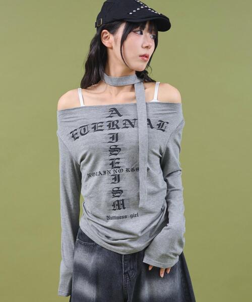 dispark(ディスパーク)の「DISPARK/チョーカー付きロゴオフショルトップ(Tシャツ/カットソー・レディース・ホワイト/グレー・FREE)」の8枚目の写真