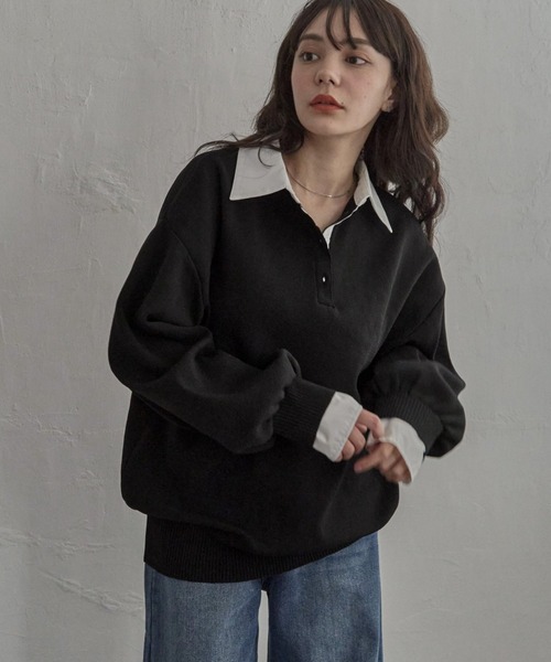 notch.（ノッチ）の「シャツ襟ポロニットプルオーバー（ニット/セーター・レディース・ブラック/チャコール/ブラウン・M）」の2枚目の写真