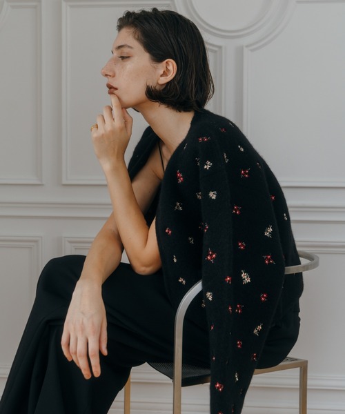 美品★LEONARD★無地×花柄フラワー カーディガンジャケット ブラック M 美品☆LEONARD☆無地×花柄フラワー カーディガンジャケット