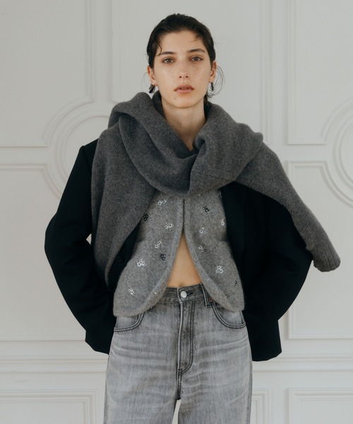 CREDONA ニット　グレー FLOWER EMBROIDERY KNIT JACKET/フラワーエンブロイダリーニット