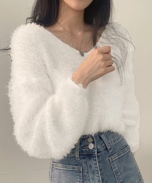 モヘア調ニット Vネックシャギートップス