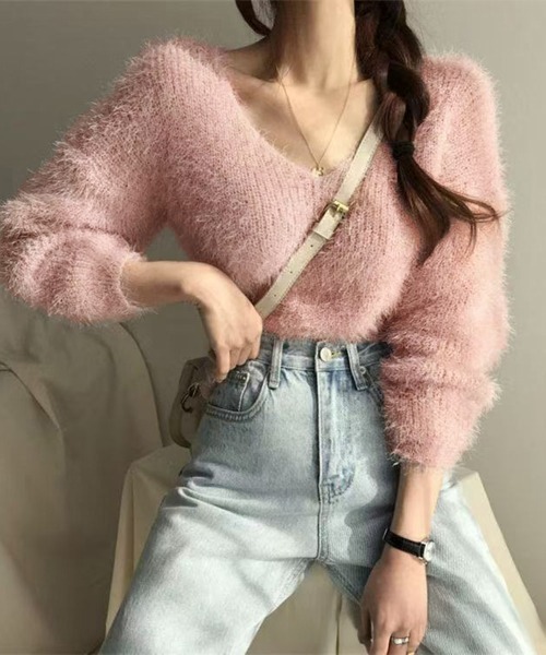 Miniministore(ミニミニストア)の「モヘア調ニット Vネックシャギートップス(ニット/セーター・レディース・グレー/ホワイト/ピンク/ブルー/ブラック・FREE)」の22枚目の写真