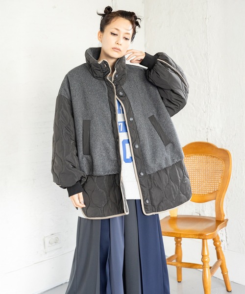 OSMOSIS（オズモーシス）の「キルティングレイヤードショートコート（その他アウター・レディース・ダークブラウン/グレー/ブラック・ONE SIZE）」の4枚目の写真
