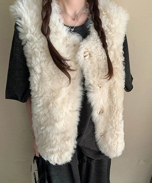 Dalfwin（ダールフィン）の「韓国ファッション ボリュームファーベスト（ベスト・レディース・オフホワイト/ブラウン・FREE）」の3枚目の写真