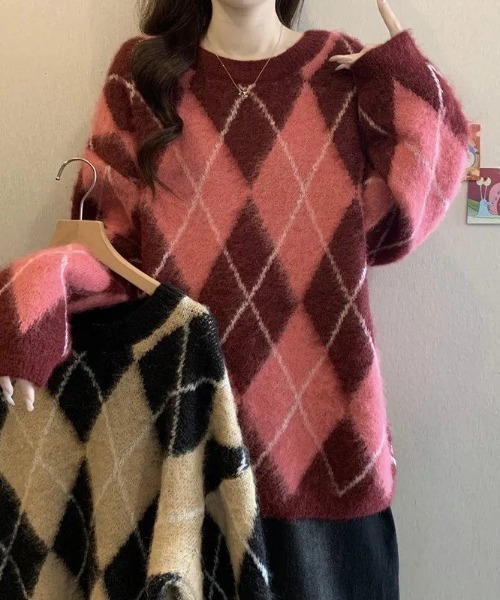 LIZLISAアーガイル柄ニットセーター　ピンク　モカ　当時物 激レア⭐️LIZLISA⭐️アーガイル柄ニット⭐️セーター⭐️ピンク