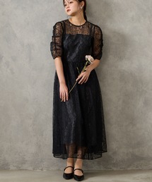 グリッターレース袖付きフィット&フレアパーティードレス 結婚式