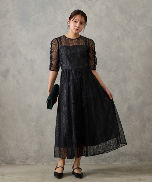 ラメレースギャザースリーブレースアップフィット&フレアパーティー