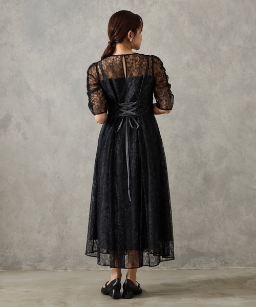 ラメレースギャザースリーブレースアップフィット&フレアパーティー