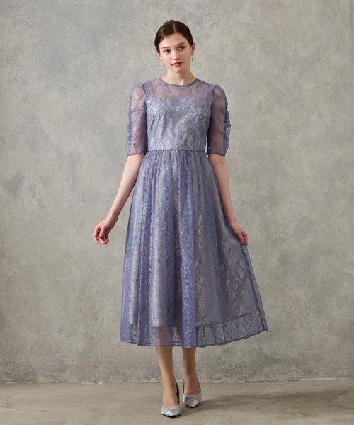 ラメレースギャザースリーブレースアップフィット&フレアパーティー