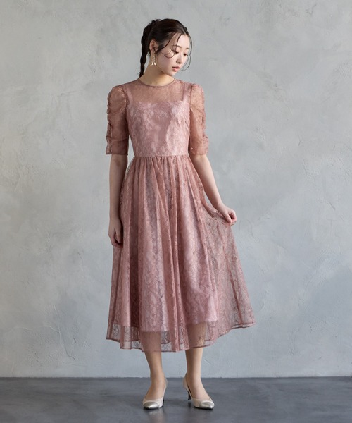 ラメレースギャザースリーブレースアップフィット&フレアパーティー