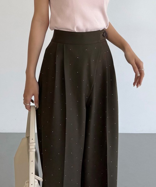 callautia（カラウティア）の「ラインストーンラップパンツ(裏地なし)（スラックス・レディース・チャコール/ダークブラウン/ブラック・SMALL/MEDIUM/LARGE）」の3枚目の写真