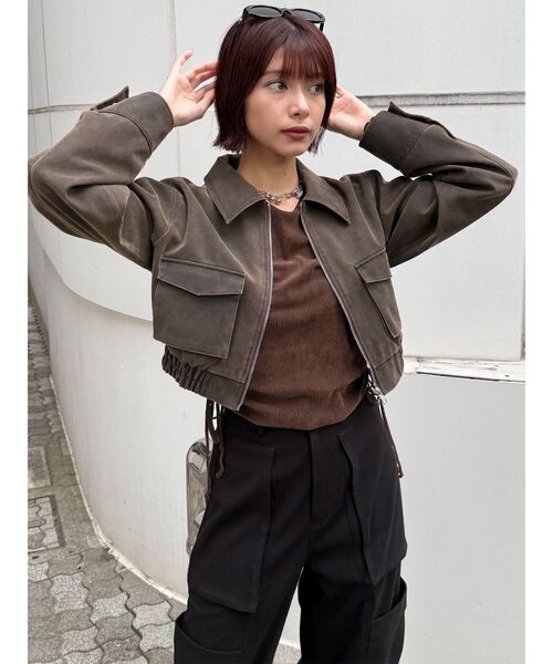 MURUA（ムルーア）の「【セットアップ対応】フェイクレザーショートフライトジャケット（ブルゾン・レディース・ブラック/ブラウン・FREE）」の16枚目の写真