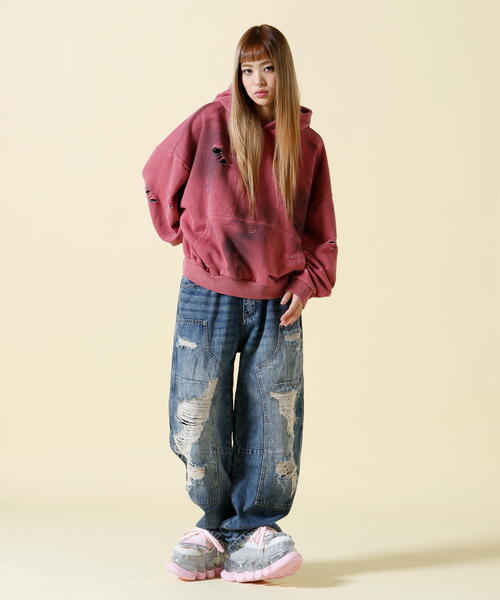 SIS(エスアイエス)の「SIS/エスアイエス/Damage P/O Hoodie(パーカー・レディース・ベージュ/レッド・F)」の8枚目の写真