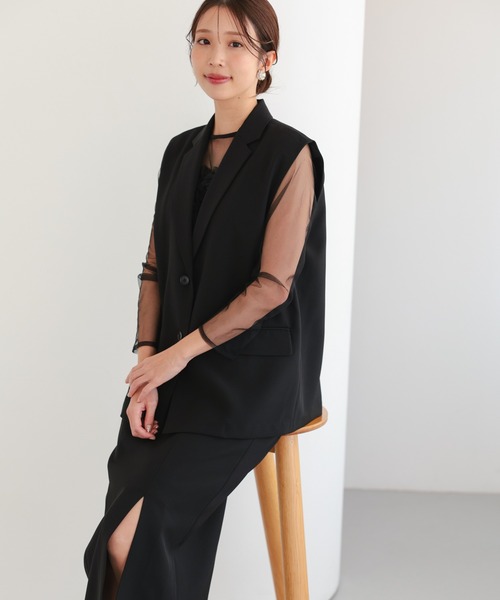 haremode（ハレモード）の「結婚式 お呼ばれ 二次会 謝恩会 成人式 同窓会 対応 20代 30代 フローラル ジレ セットアップ シアートップス レイヤード 2点セットパーティ オケージョン ドレス（ドレス・レディース・チャコール/ブラック・S/M）」の7枚目の写真