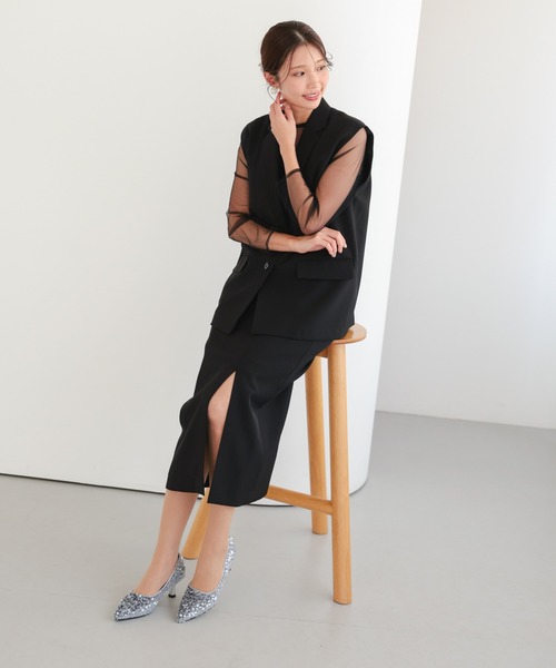 haremode（ハレモード）の「結婚式 お呼ばれ 二次会 謝恩会 成人式 同窓会 対応 20代 30代 フローラル ジレ セットアップ シアートップス レイヤード 2点セットパーティ オケージョン ドレス（ドレス・レディース・チャコール/ブラック・S/M）」の8枚目の写真