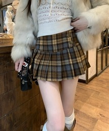 【Y2Kガーリー】レトロ配色チェックウールライクプリーツミニスカート【サイズあり】 (韓国ファッションガーリー定番)