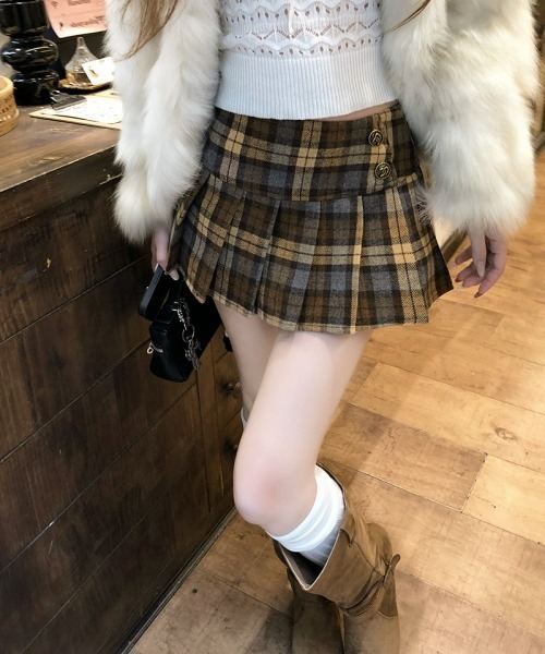 gossip!ロサンゼルス(ゴシップロサンゼルス)の「【Y2Kガーリー】レトロ配色チェックウールライクプリーツミニスカート【サイズあり】 (韓国ファッションガーリー定番)(スカート・レディース・グレー/ブラウン・S/M)」の11枚目の写真