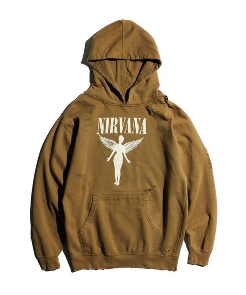 THRIFTY LOOK(スリフティールック)の「THRIFTY LOOK/スリフティールック WORN-OUT BAND HOODIE 'NIRVANA' ダメージバンドフーディ ニルヴァーナ(パーカー・メンズ・グリーン/ブラウン・XX-LARGE)」の2枚目の写真