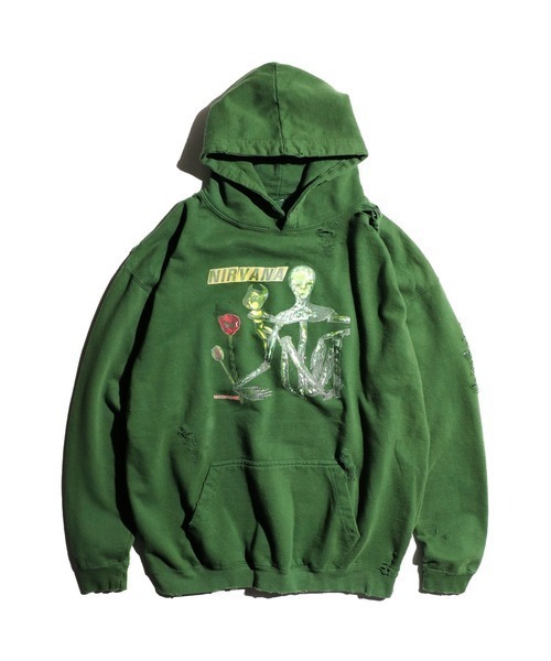 THRIFTY LOOK(スリフティールック)の「THRIFTY LOOK/スリフティールック WORN-OUT BAND HOODIE 'NIRVANA' ダメージバンドフーディ ニルヴァーナ(パーカー・メンズ・グリーン/ブラウン・XX-LARGE)」の1枚目の写真