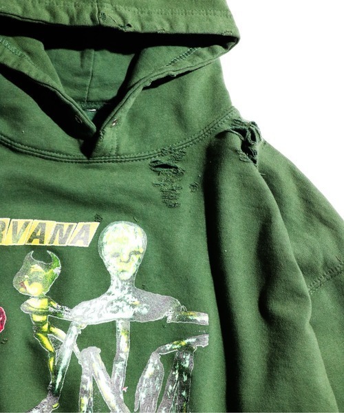 THRIFTY LOOK(スリフティールック)の「THRIFTY LOOK/スリフティールック WORN-OUT BAND HOODIE 'NIRVANA' ダメージバンドフーディ ニルヴァーナ(パーカー・メンズ・グリーン/ブラウン・XX-LARGE)」の9枚目の写真