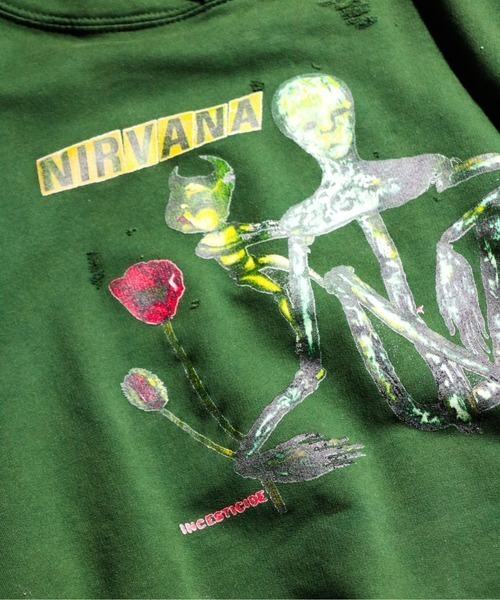 THRIFTY LOOK(スリフティールック)の「THRIFTY LOOK/スリフティールック WORN-OUT BAND HOODIE 'NIRVANA' ダメージバンドフーディ ニルヴァーナ(パーカー・メンズ・グリーン/ブラウン・XX-LARGE)」の8枚目の写真