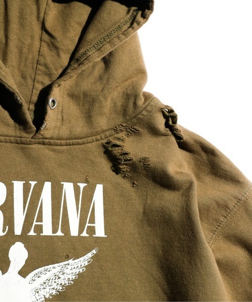 THRIFTY LOOK(スリフティールック)の「THRIFTY LOOK/スリフティールック WORN-OUT BAND HOODIE 'NIRVANA' ダメージバンドフーディ ニルヴァーナ(パーカー・メンズ・グリーン/ブラウン・XX-LARGE)」の22枚目の写真