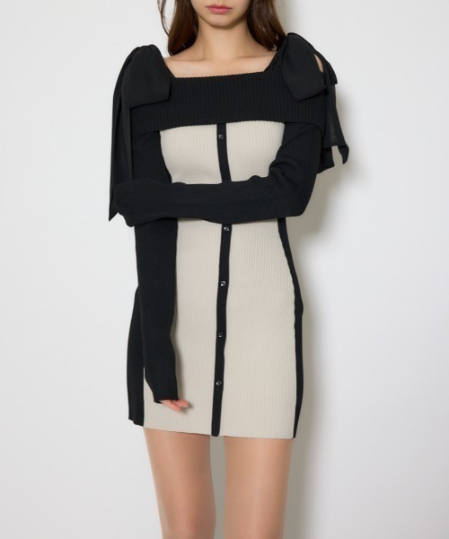 バイカラーオフショルリボンニットミニワンピース 春服（ワンピース
