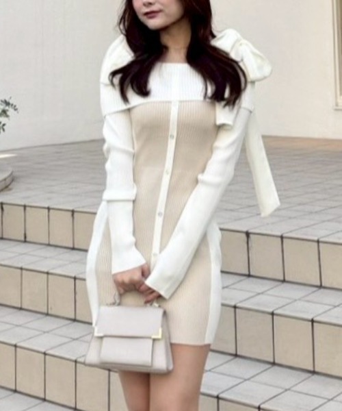 バイカラーオフショルリボンニットミニワンピース 春服（ワンピース