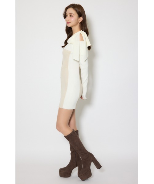バイカラーオフショルリボンニットミニワンピース 春服（ワンピース