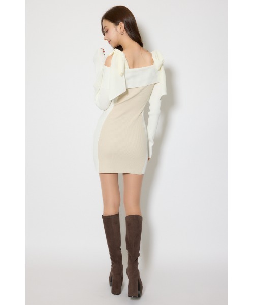 バイカラーオフショルリボンニットミニワンピース 春服（ワンピース