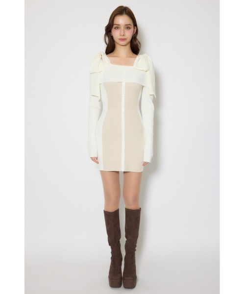 バイカラーオフショルリボンニットミニワンピース 春服（ワンピース