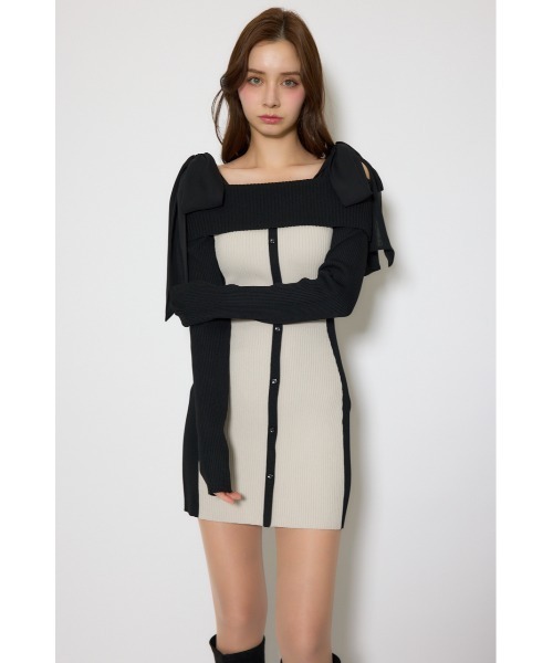 バイカラーオフショルリボンニットミニワンピース 春服（ワンピース
