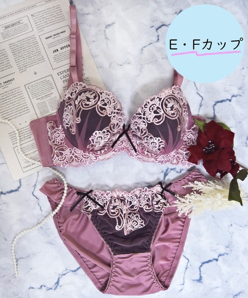 【EFサイズ/美谷間＆丸胸を叶える！ナチュ盛りメイクブラ♪】上下セット/エレガント/脇高エレガントモチーフ刺繍