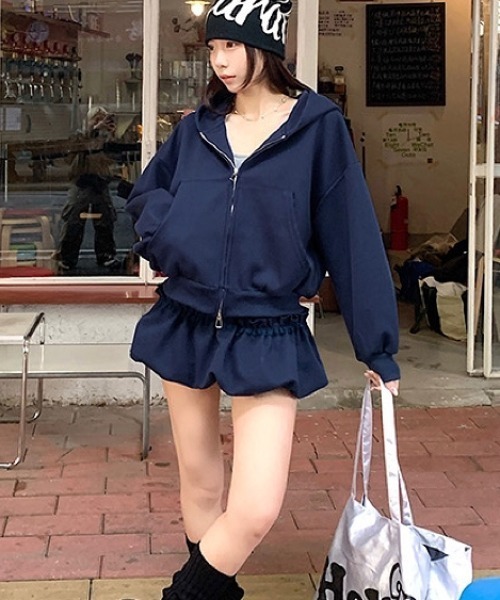 定価56100円【新品】レディースSレザレクションGMパーカー＆パンツセット紺 X-girl（エックスガール）の「LOGO STITCHED ZIP UP SWEAT HOODIE