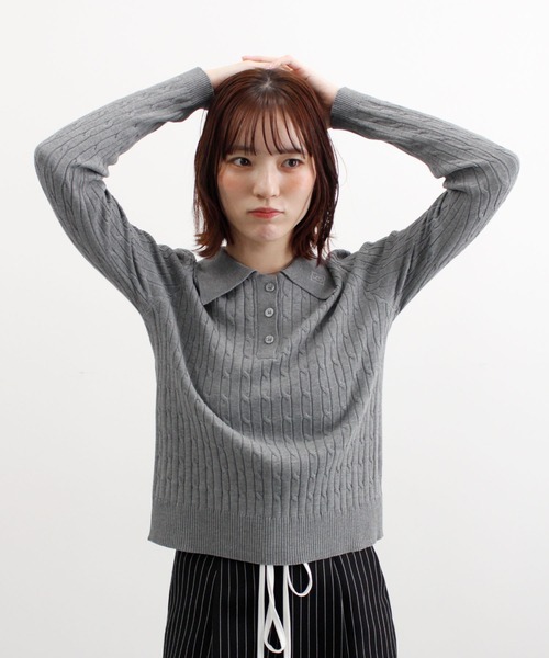 ABYS(アビス)の「ロゴ刺繍ケーブルポロニット(ニット/セーター・レディース・グレー/レッド/ネイビー/イエロー・FREE)」の6枚目の写真