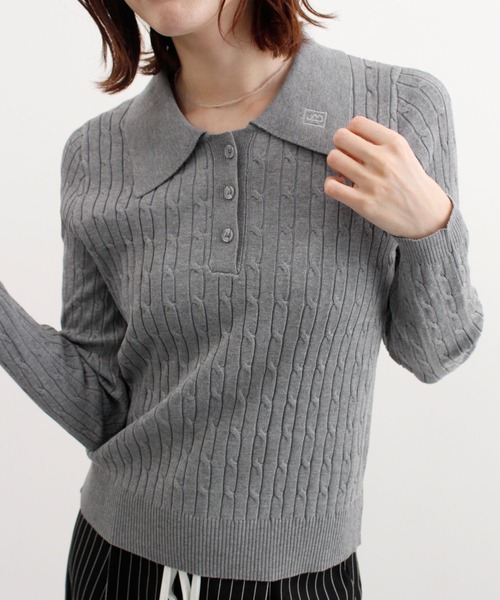 ABYS(アビス)の「ロゴ刺繍ケーブルポロニット(ニット/セーター・レディース・グレー/レッド/ネイビー/イエロー・FREE)」の7枚目の写真