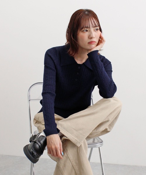 ABYS(アビス)の「ロゴ刺繍ケーブルポロニット(ニット/セーター・レディース・グレー/レッド/ネイビー/イエロー・FREE)」の15枚目の写真