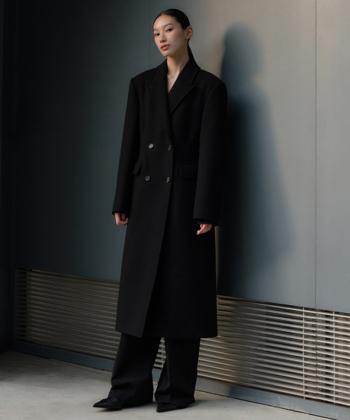 カ*ー様 美品！黒のロング丈チェスターコート セール】ウィメンズカシミヤブレンドシンチドダブルロングコート