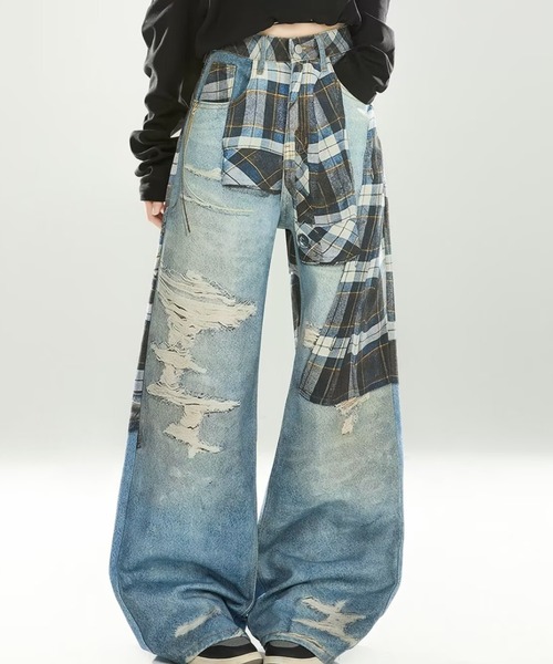 セール】【2026春】チェック風デザイン ワイドデニムパンツ（デニム