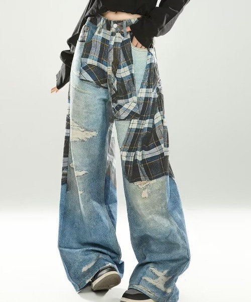セール】【2026春】チェック風デザイン ワイドデニムパンツ（デニム