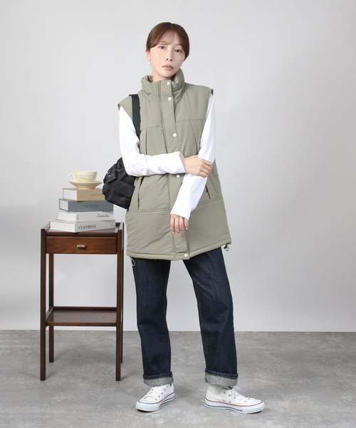 B.I.D.(ビーアイディー)の「《Social GIRL》中綿 スタンドカラー ロングベスト(ダウンベスト・レディース・アイボリー/ブラック/カーキ・L/M)」の17枚目の写真