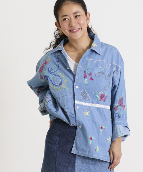 Freada（フリーダ）の「Freada/フリーダ オープンカラー 刺繍 シャツジャケット（シャツ/ブラウス・レディース・サックスブルー/ホワイト・ONE SIZE）」の8枚目の写真