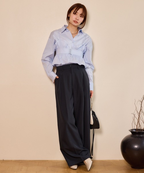 mysty woman（ミスティウーマン）の「ダブルタックストレートパンツ 660060（スラックス・レディース・ベージュ/グリーン系その他/ダークネイビー・SMALL/MEDIUM）」の6枚目の写真