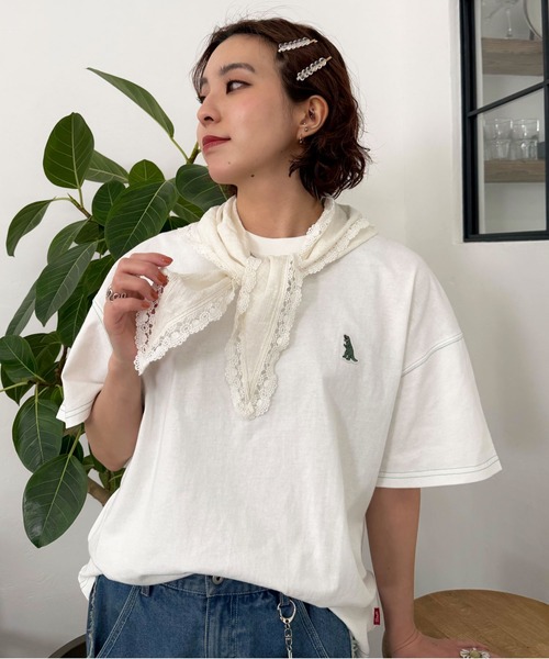 DOUBLE NAME（ダブルネーム）の「【m:rex】ミニ恐竜ワッペンBIG TEE（Tシャツ/カットソー・レディース・ブラック/オフホワイト/ブルー・FREE）」の10枚目の写真