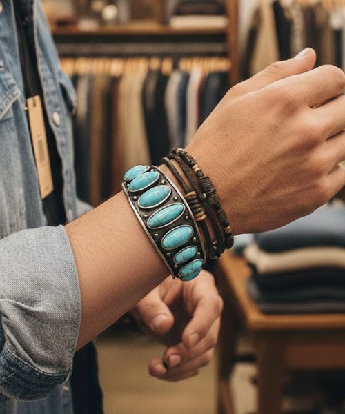 SPINNS（スピンズ）の「オーバルストーンバングル/ターコイズライク（バングル/リストバンド・メンズ・A・ONESIZE）」の4枚目の写真