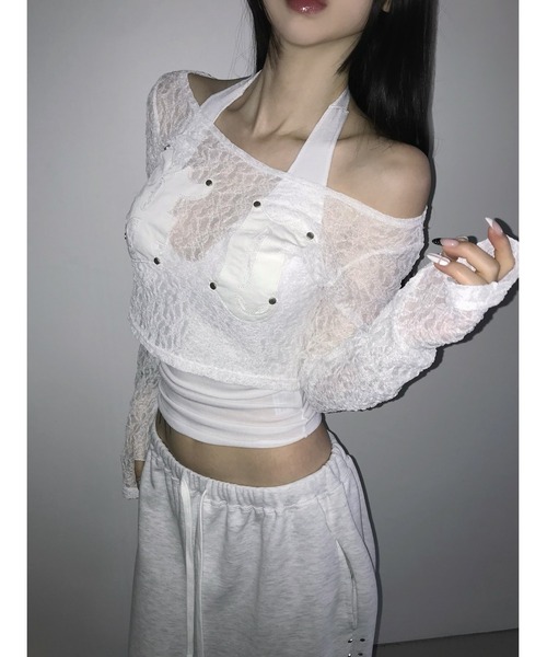 THEAIRTOWN(ジエアタウン)の「patch lace crop top(Tシャツ/カットソー・レディース・ピンク/ブラック/ホワイト・FREE)」の4枚目の写真